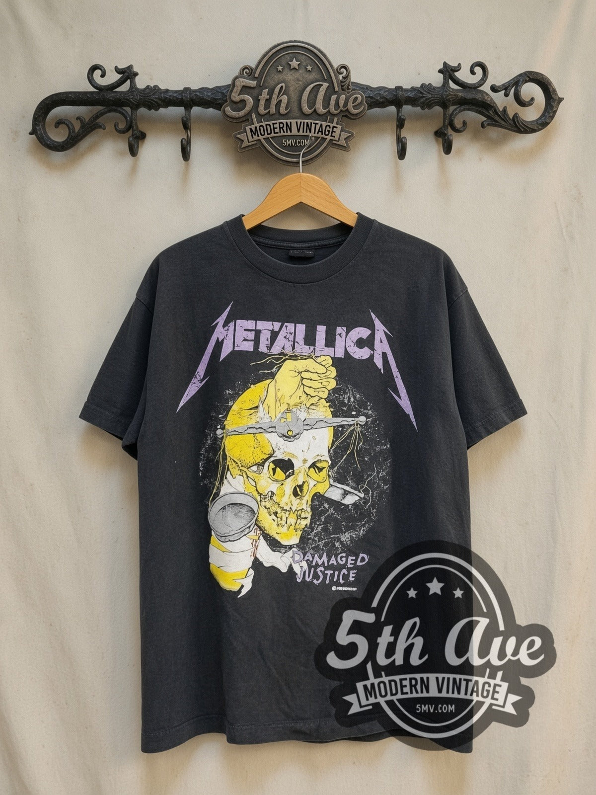 Metallica Damaged Justice Hammer of Justice Crushes You vintage band t-shirt in black, front view on the 5MV rack