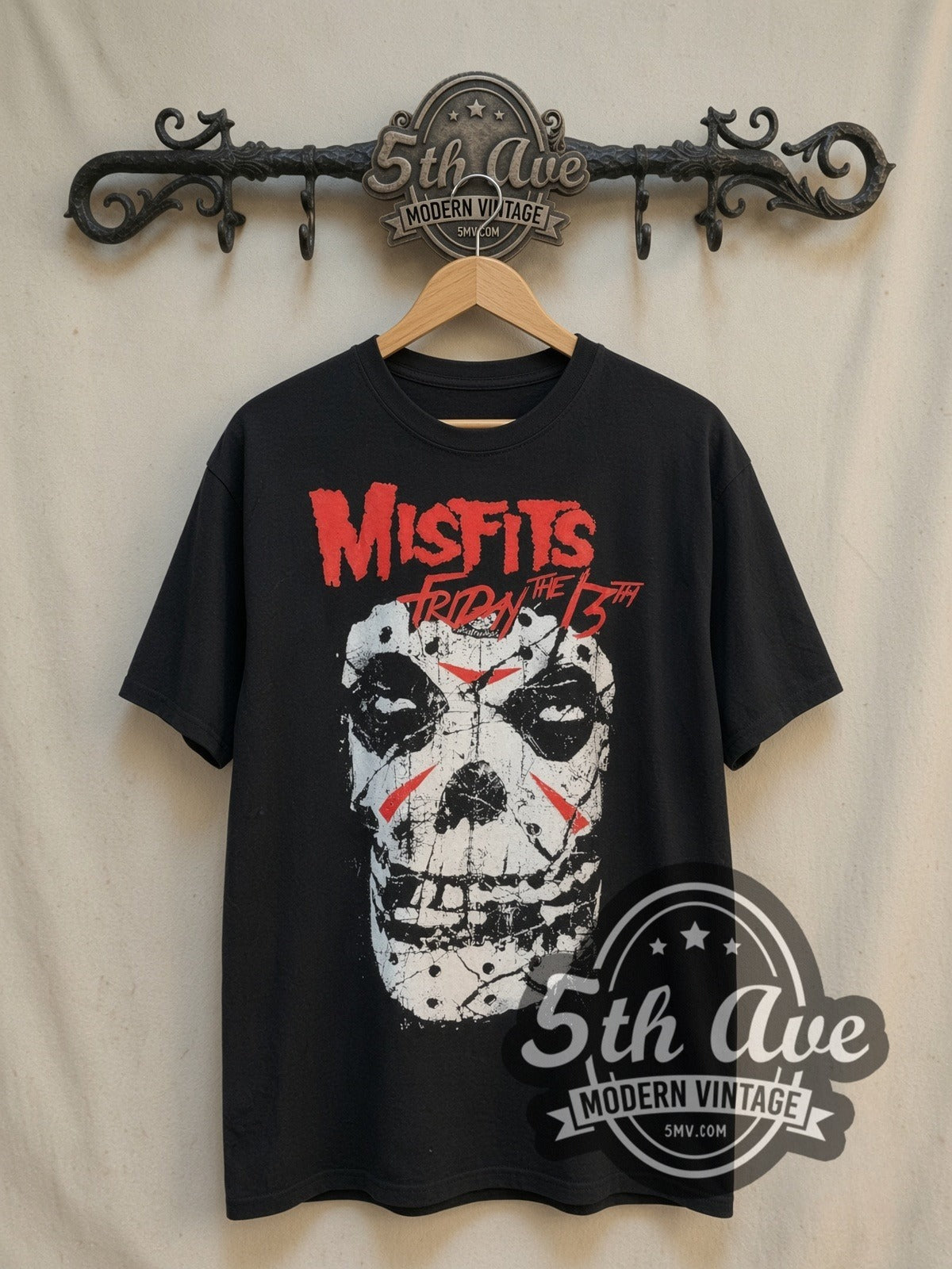 Misfits Friday the 13th vintage band t-shirt, front view on a display rack
