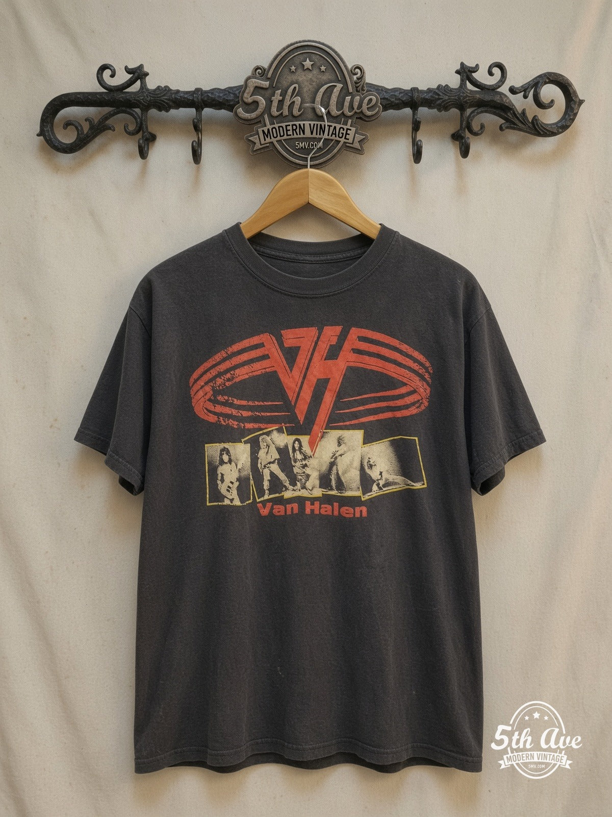Van Halen – Classic Design – Vintage Band T-Shirt — front on locked cream ornate 5th Ave rack