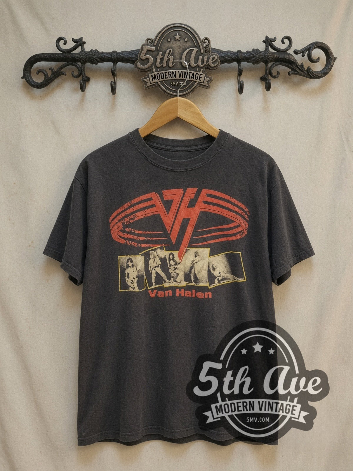 Van Halen Classic Design vintage band t-shirt, front view on a display rack