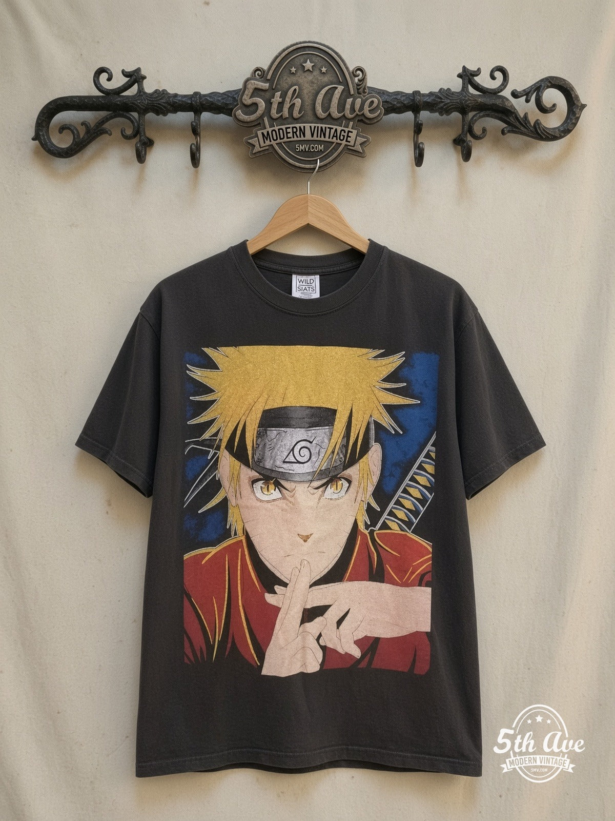 Naruto Shippuden - AOP all over print New Vintage Anime T-Shirt – New Vintage Anime Tee — front on locked cream ornate 5th Ave rack