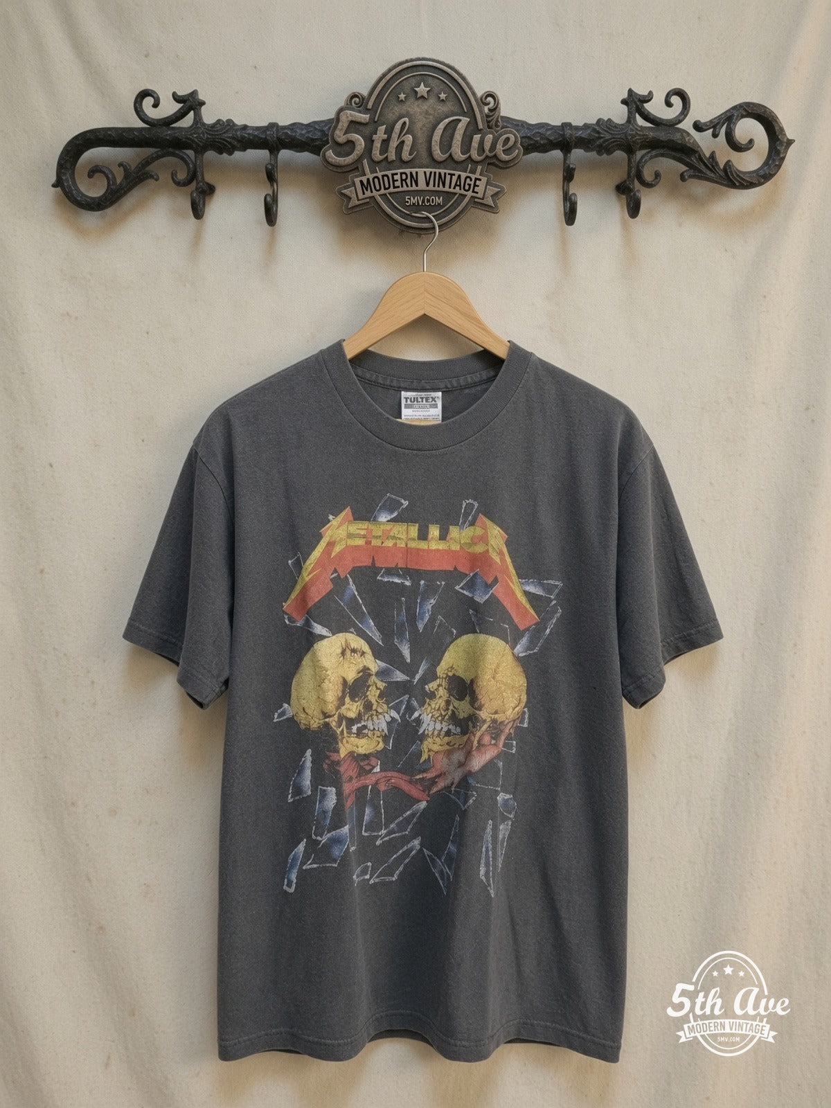 Metallica – Skulls '91-'92 – Vintage Band T-Shirt — front on locked cream ornate 5th Ave rack