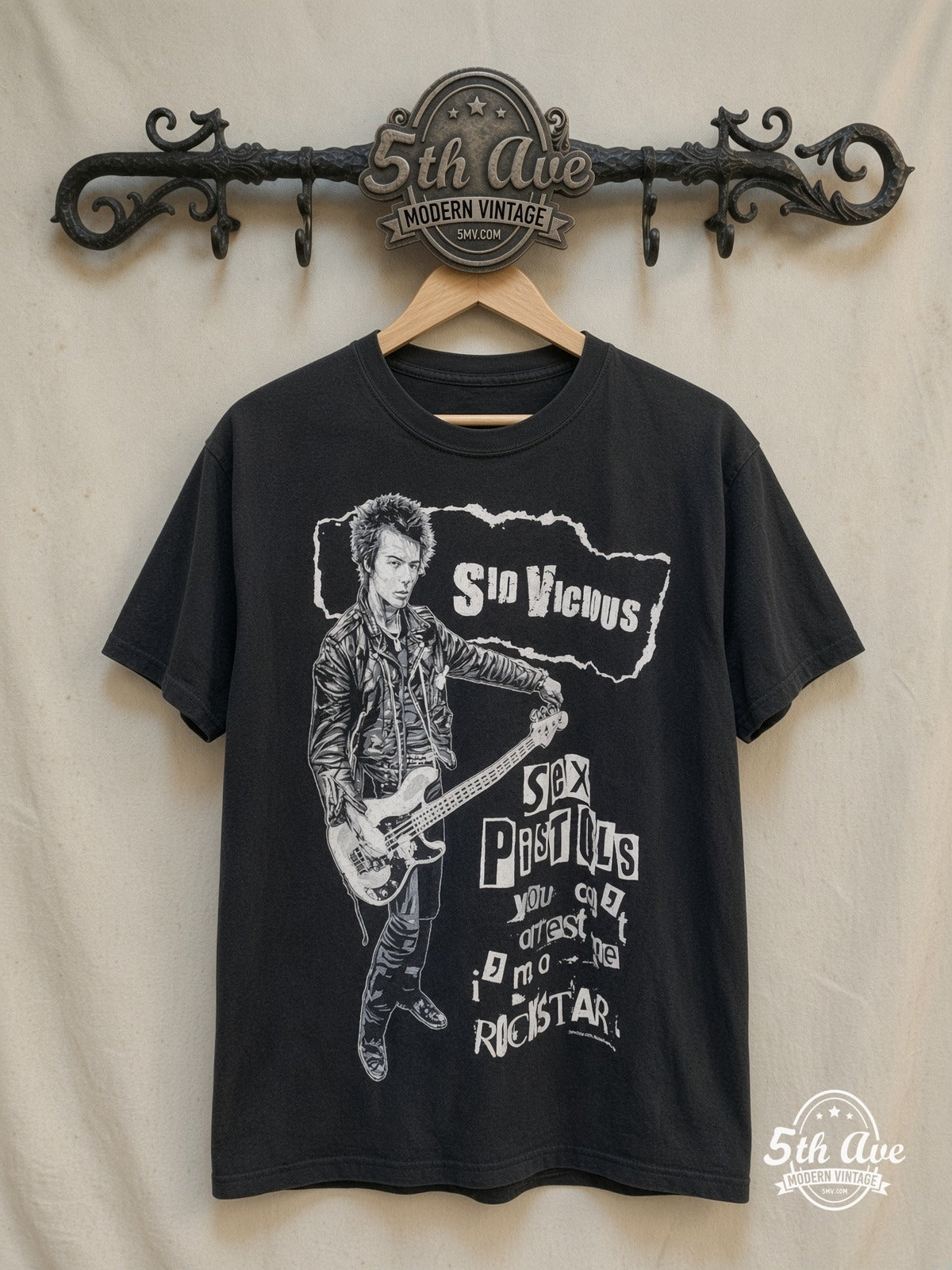 Led Zeppelin – SID VICIOUS SEX PISTOLS – Vintage Band T-Shirt — front on locked cream ornate 5th Ave rack