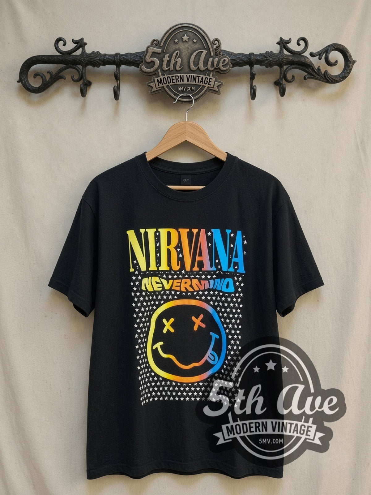 Nirvana Nevermind Rainbow Smiley Stars vintage band t-shirt, front view on the 5MV rack