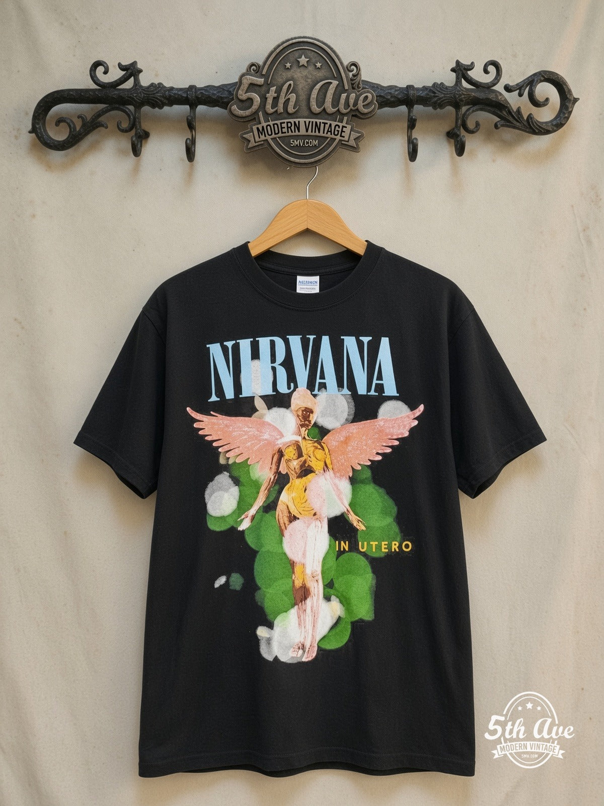 Nirvana – In Utero Angel Aura – Vintage Band T-Shirt — front on locked cream ornate 5th Ave rack