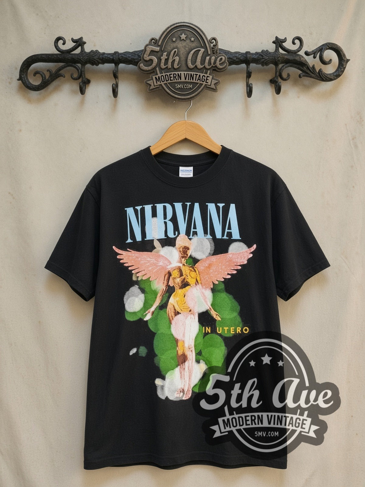 Nirvana In Utero Angel Aura vintage band t-shirt in black, front view on the 5MV rack