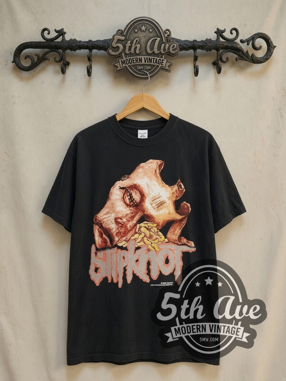 Slipknot Fear Of God vintage band t-shirt in black, front view on a display rack