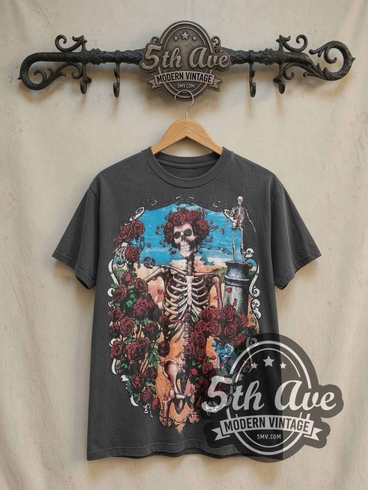 Grateful Dead 30 Year Tribute vintage band t-shirt, front view on a display rack