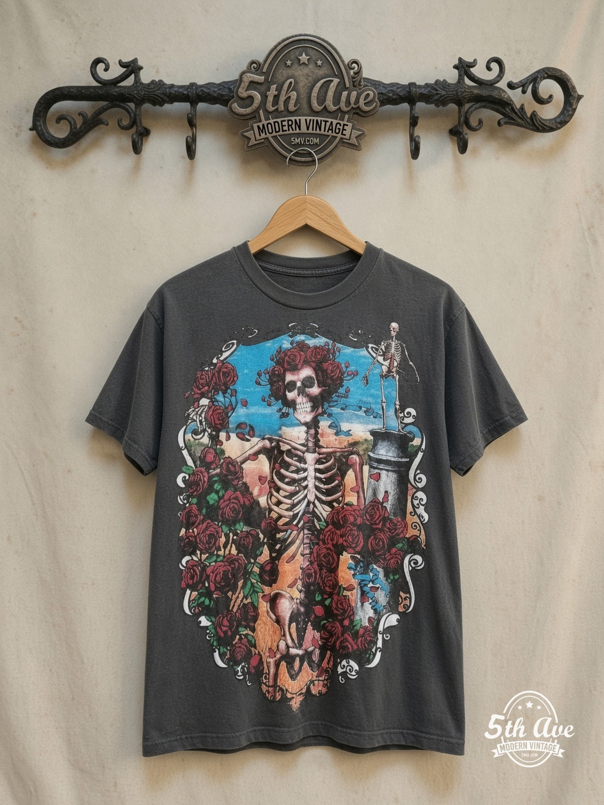 Grateful Dead – 30 Year Tribute – Vintage Band T-Shirt — front on locked cream ornate 5th Ave rack