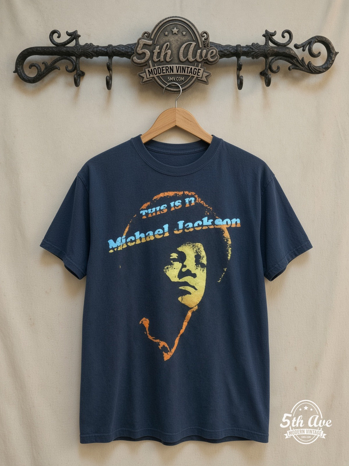 Michael Jackson – This Is It – Vintage Band T-Shirt — front on locked cream ornate 5th Ave rack