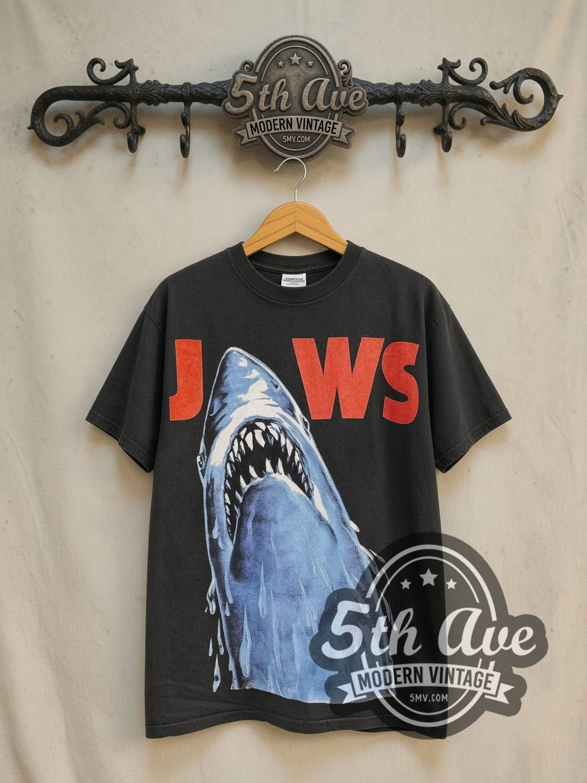 Jaws Attacking Summer 1993 vintage movie t-shirt, front view on a display rack