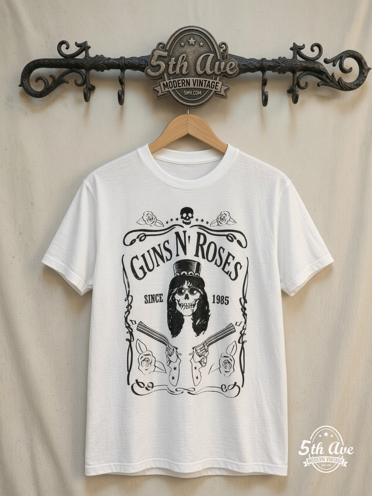 Guns N' Roses – Legacy – Vintage Band T-Shirt — front on locked cream ornate 5th Ave rack