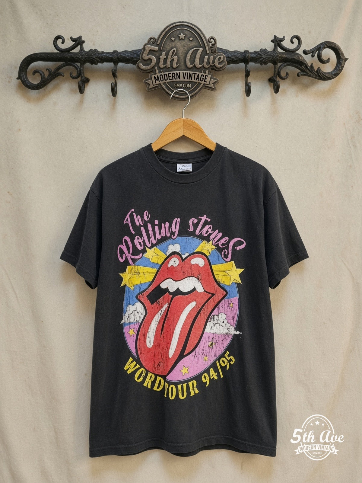 The Rolling Stones – World Tour 1994/1995 – Vintage Band T-Shirt — front on locked cream ornate 5th Ave rack
