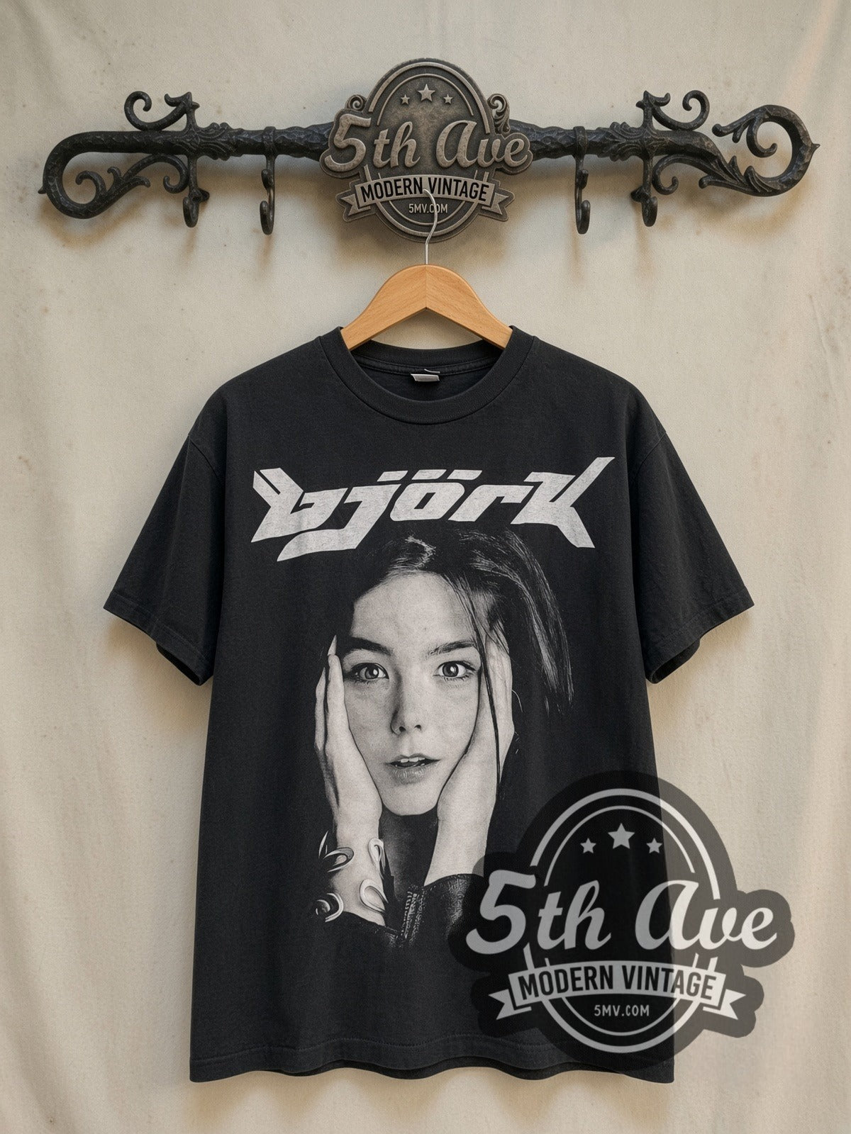 Björk Photo Monochrome vintage band t-shirt in black, front view on a display rack