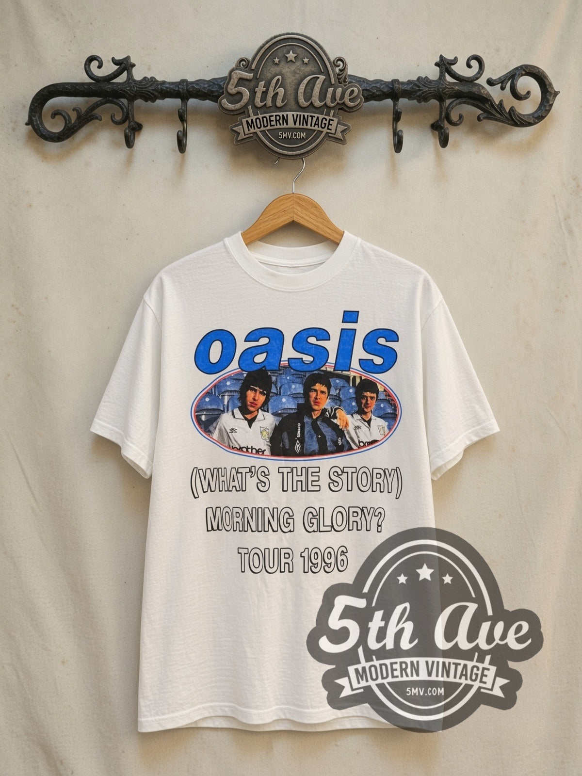 Oasis (What's the Story) Morning Glory? Tour 1996 vintage band t-shirt in white, front view on a display rack