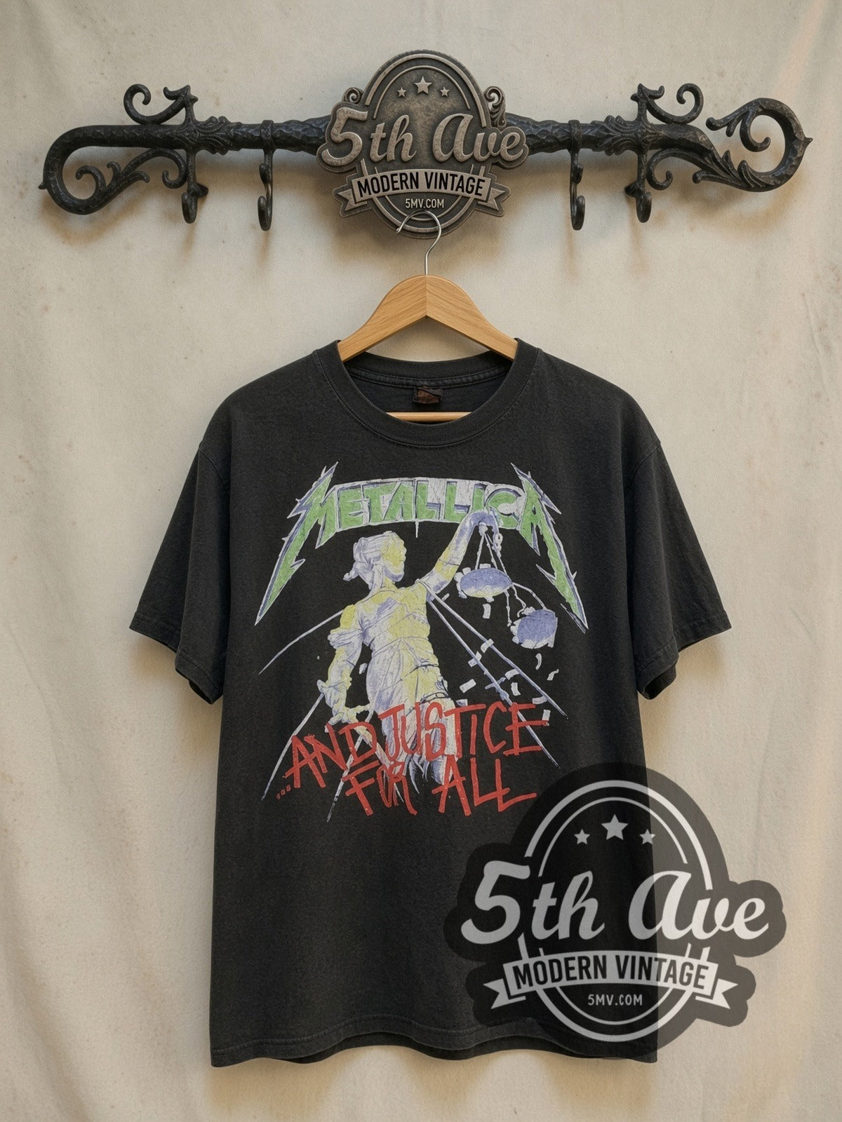 Metallica And Justice for All Hammer of Justice vintage band t-shirt, front view on the 5MV rack