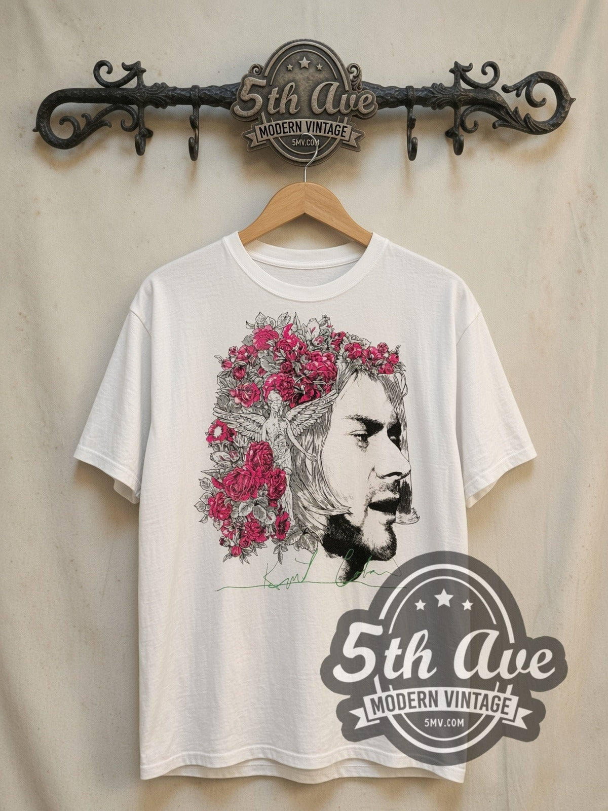 Kurt Cobain Iconic Quote vintage band t-shirt, front view on the 5MV rack