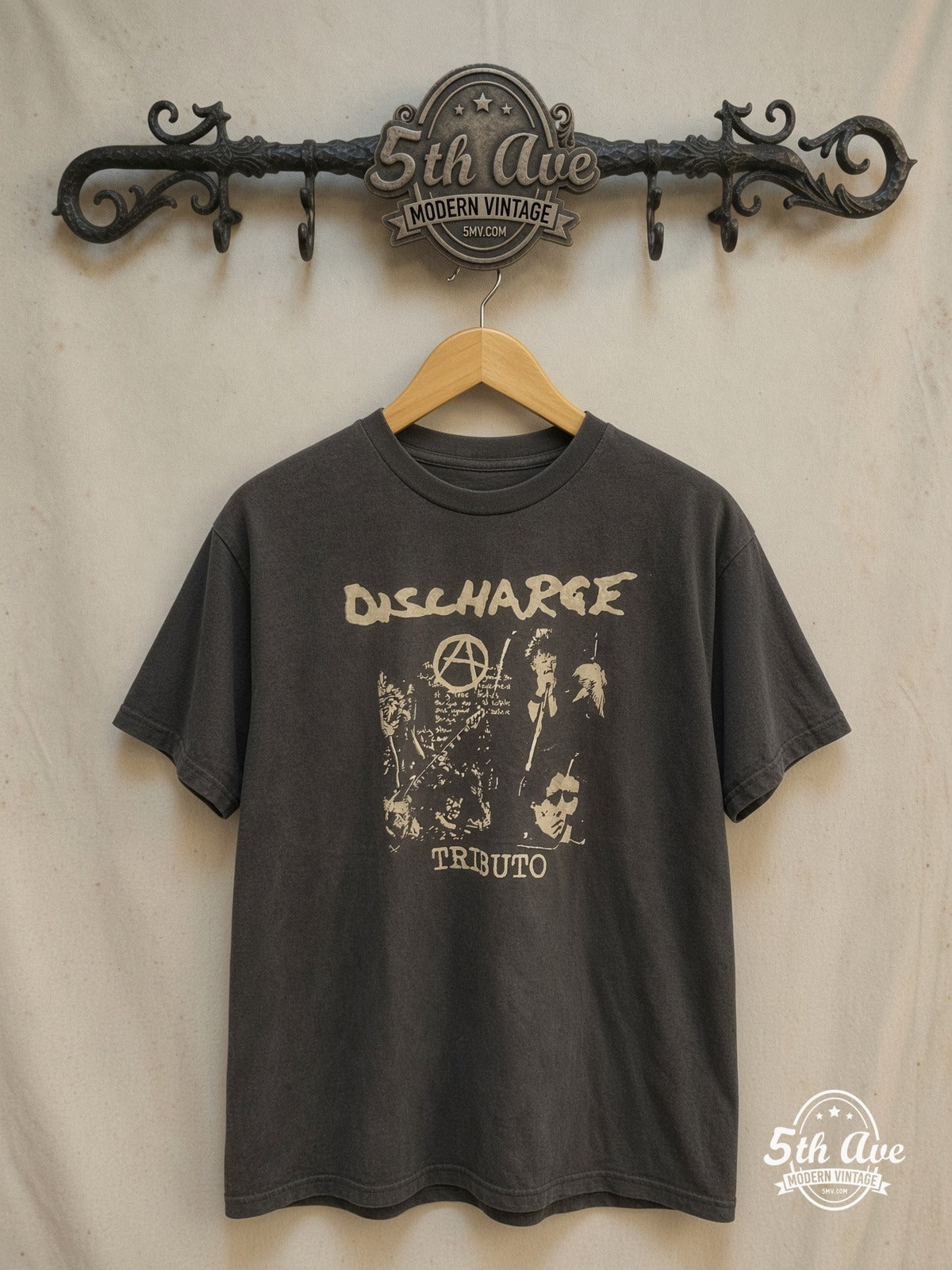 Discharge Tributo Punk Rock Legends t shirt – Vintage Band T-Shirt — front on locked cream ornate 5th Ave rack