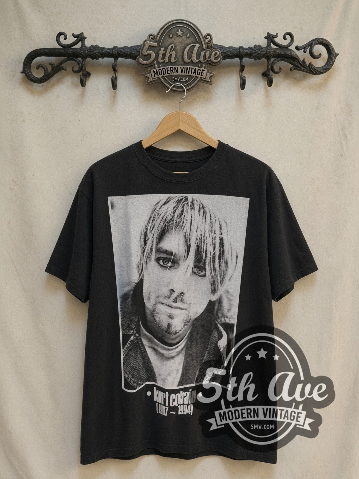 Kurt Cobain Memorial vintage band t-shirt, front view on the 5MV rack
