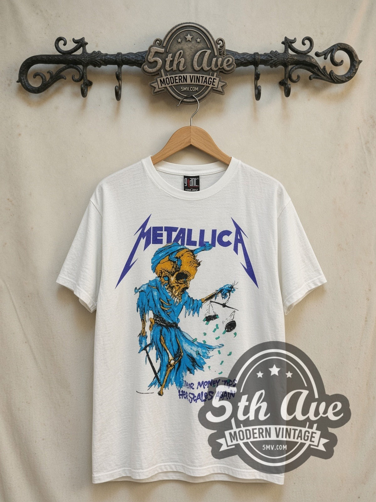 Metallica Their Money Tips Her Scales Again vintage band t-shirt, front view on the 5MV rack