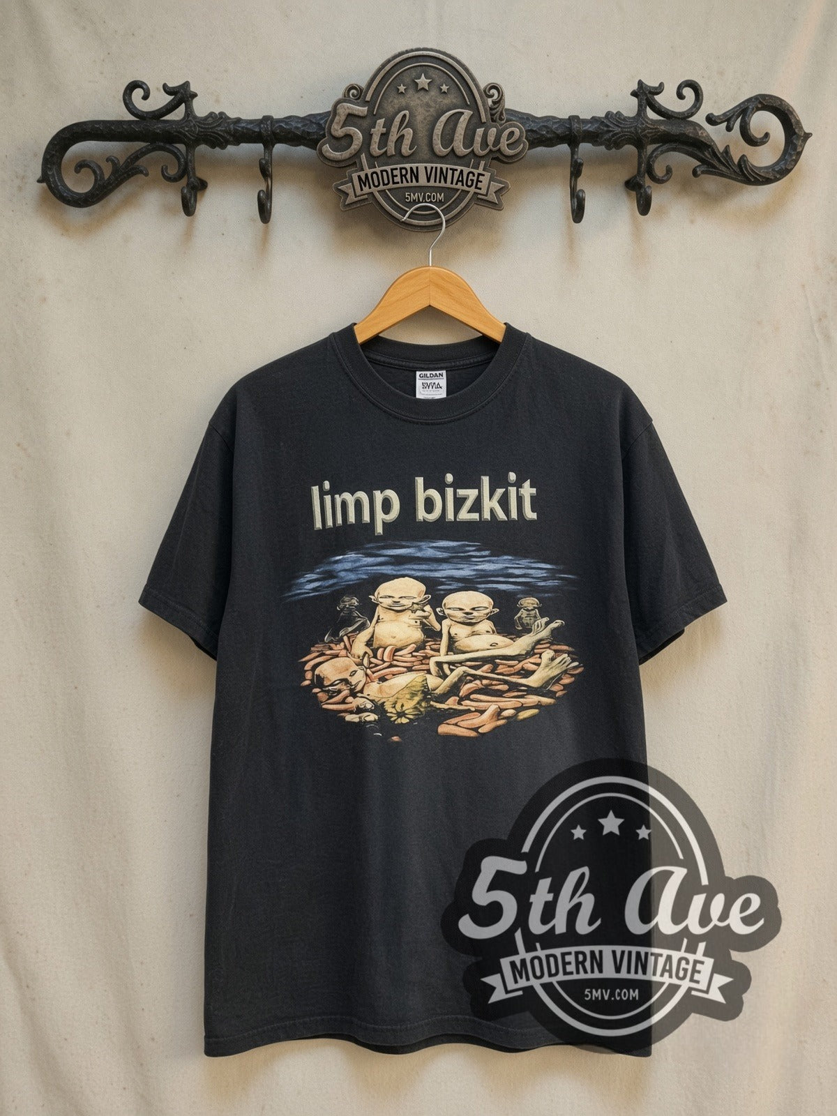 Limp Bizkit Anger Management Hot Dogs Europe Dates vintage band t-shirt in black, front view on a display rack