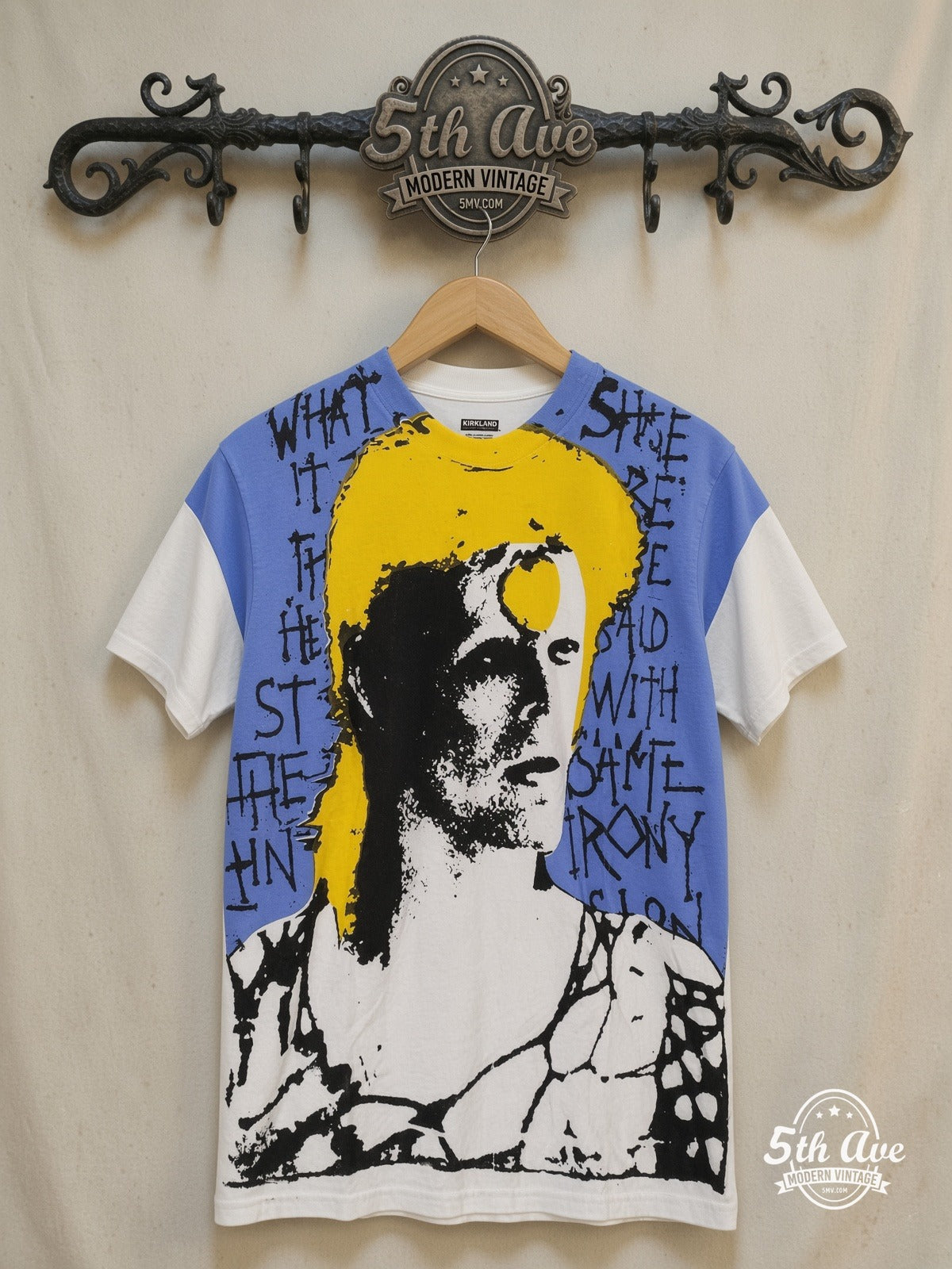 Bowie's Chromatic Ode Vintage Portrait Symphony t shirt – All Over Print – Vintage Band T-Shirt — front on locked cream ornate 5th Ave rack