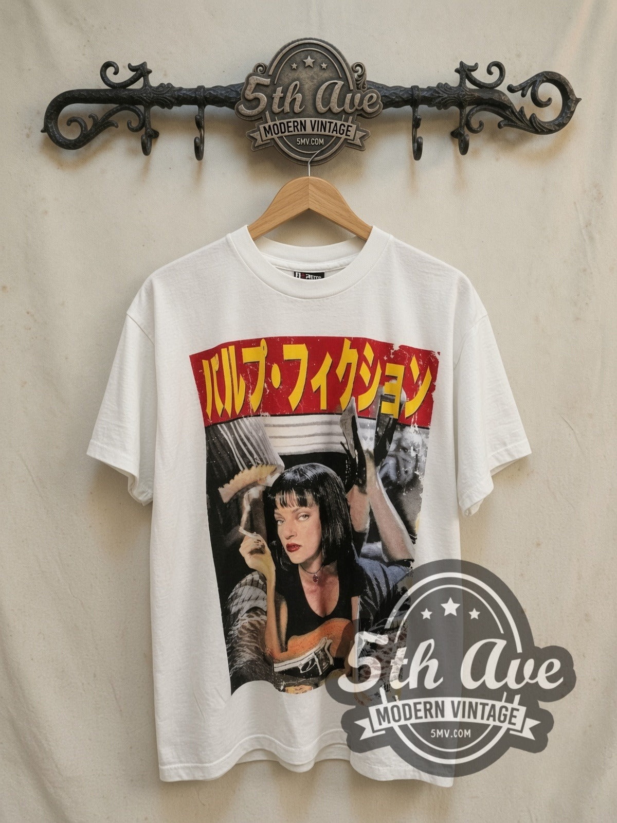 Pulp Fiction Japanese Graphic movie tee, front view on a display rack