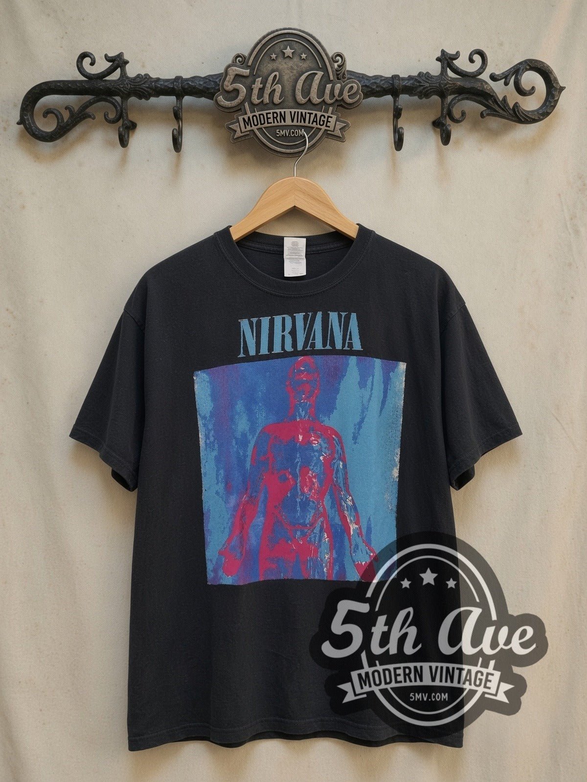Nirvana Sliver Front and Back Print vintage band t-shirt, front view on the 5MV rack