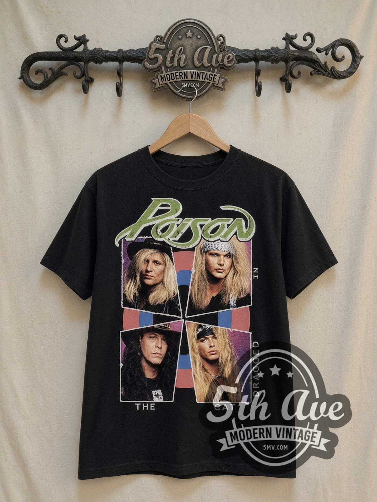 Poison Look What the Cat Dragged In vintage band t-shirt in black, front view on a display rack