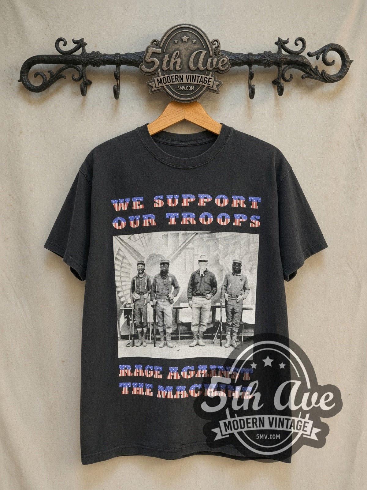 Rage Against the Machine We Support Our Troops' North American vintage band t-shirt in black, front view on the 5MV rack