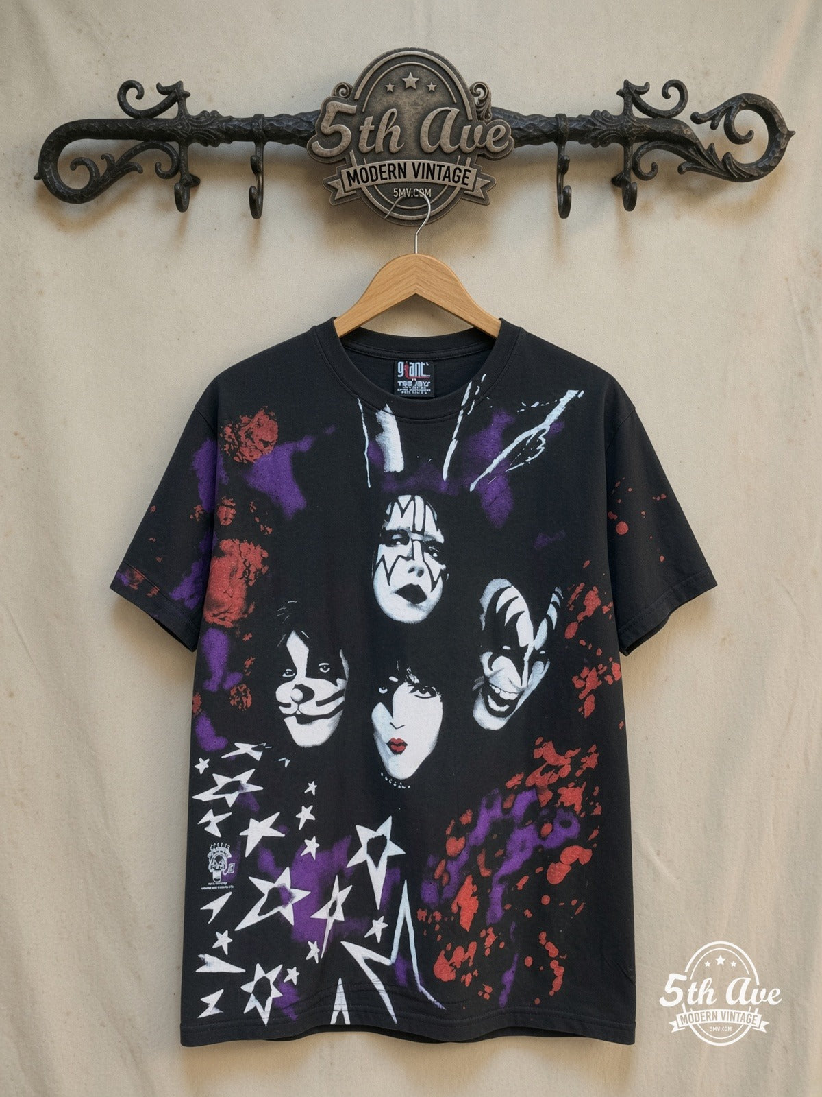 KISS – Alive/Worldwide Tour – All Over Print – Vintage Band T-Shirt — front on locked cream ornate 5th Ave rack
