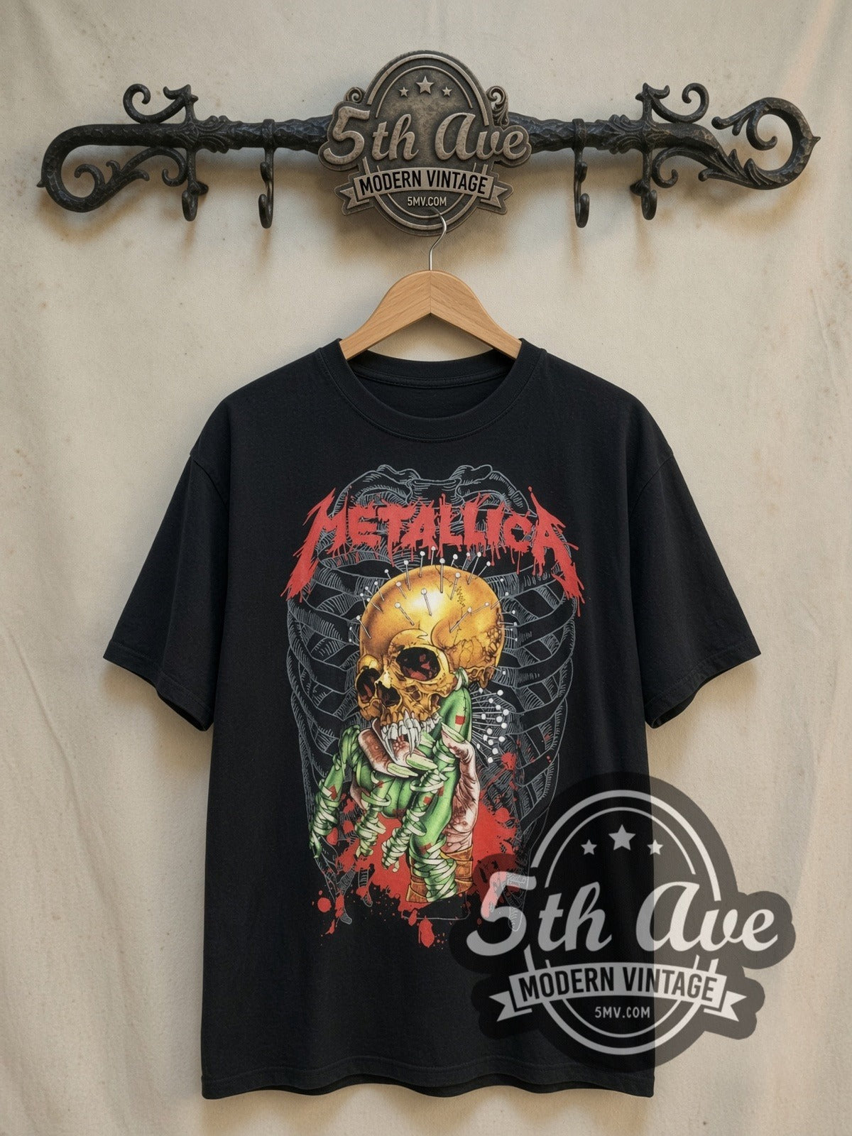 Metallica Yellow Skull Green Claw Blood Splash vintage band t-shirt, front view on the 5MV rack