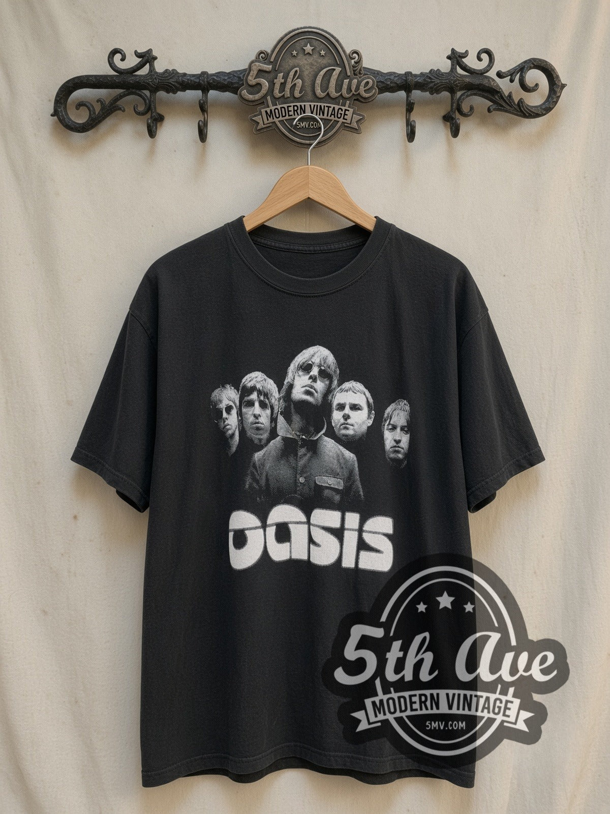 Oasis Liam Sunglasses Band Portrait White Logo vintage band t-shirt, front view on the 5MV rack