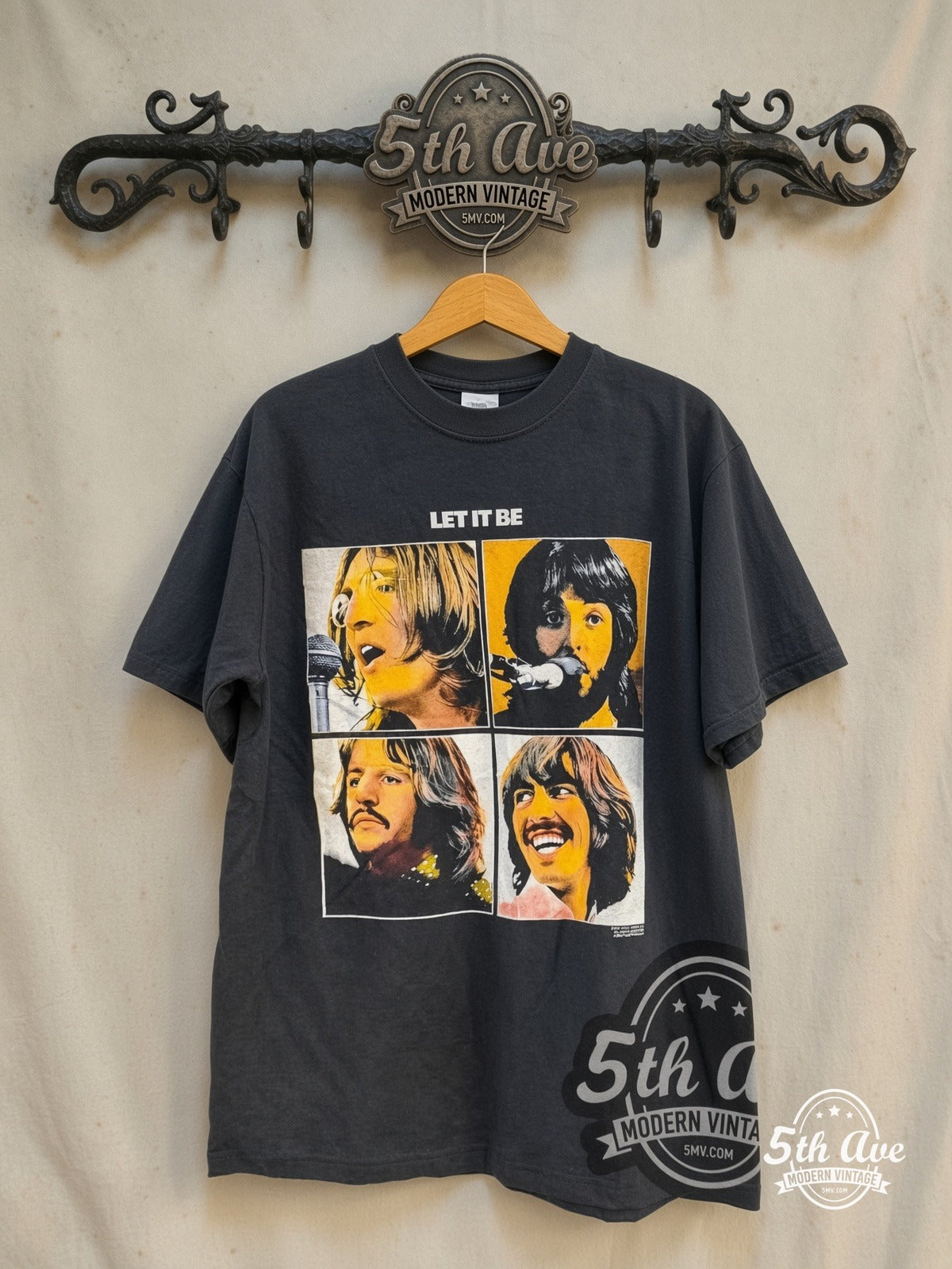 The Beatles – Let It Be 1970 – Vintage Band T-Shirt — front on locked cream ornate 5th Ave rack