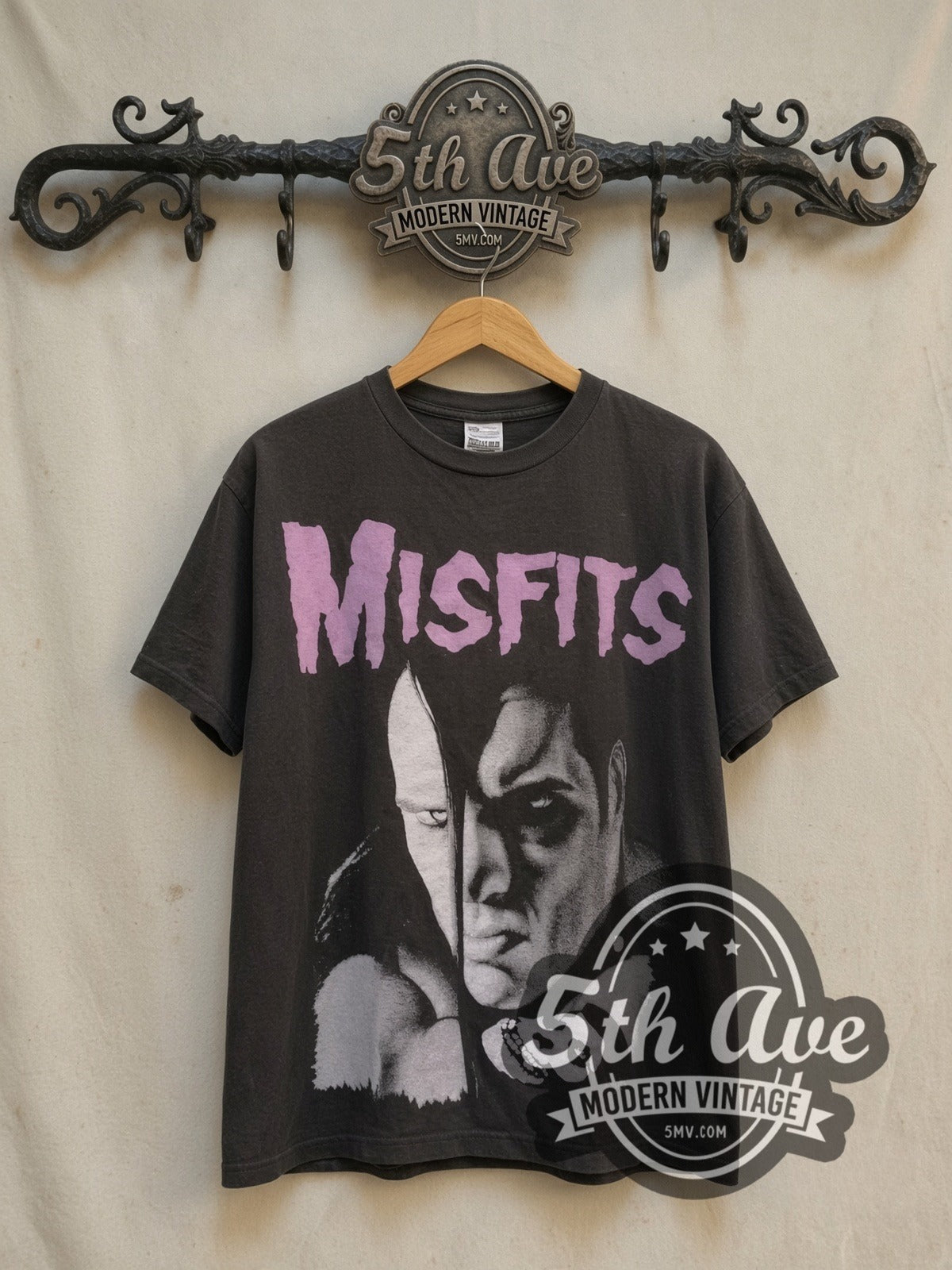 Misfits Split Face Portrait vintage band t-shirt, front view on a display rack
