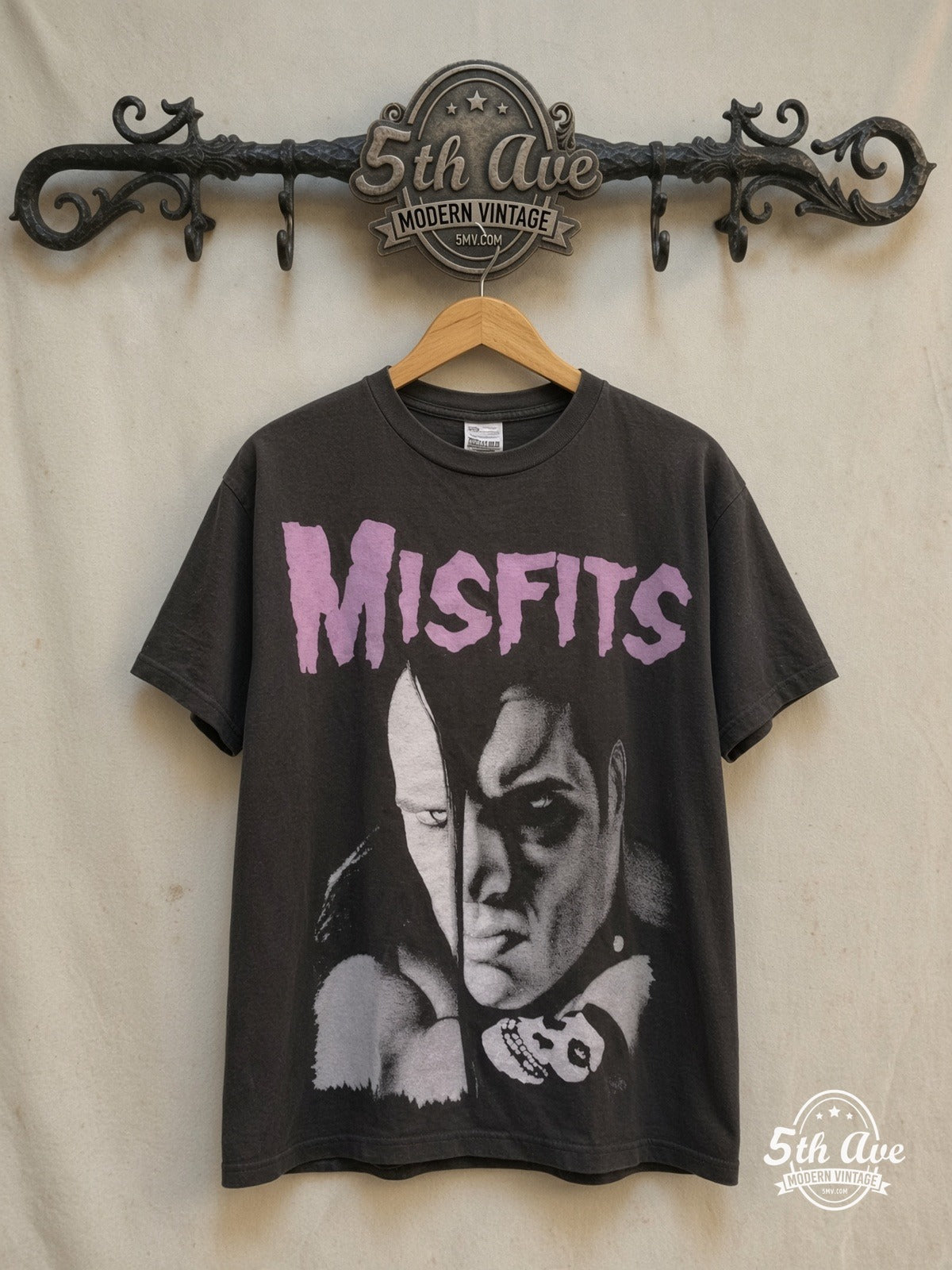 Misfits single stitched t shirt — front on locked cream ornate 5th Ave rack