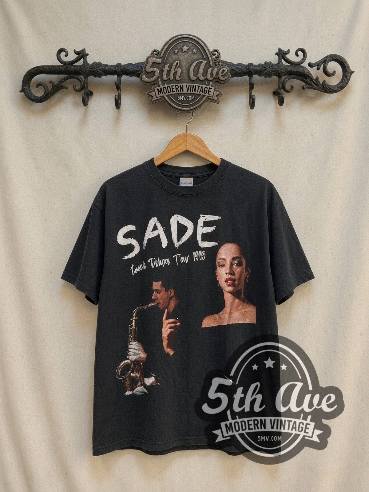 Sade Love Deluxe Tour 1993 Long Sleeve vintage band t-shirt in black, front view on a display rack