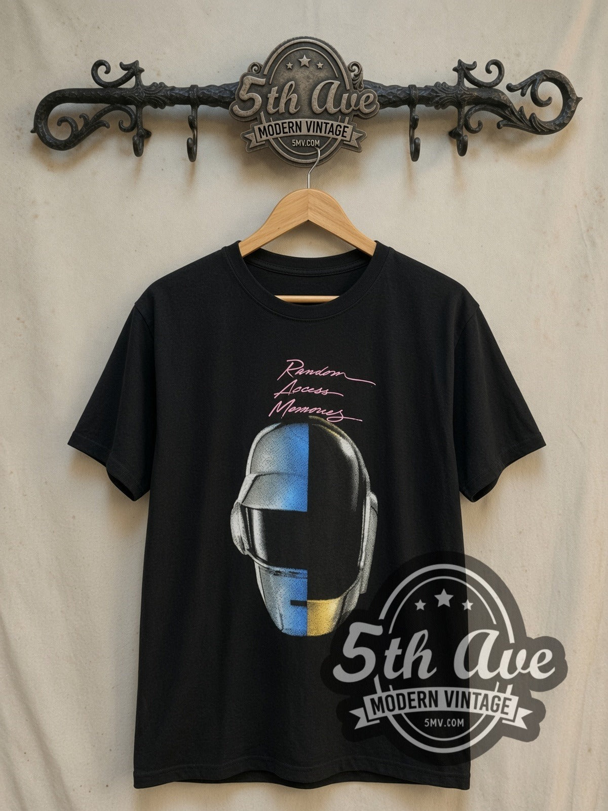 Daft Punk Random Access Memories vintage band t-shirt, front view on a display rack