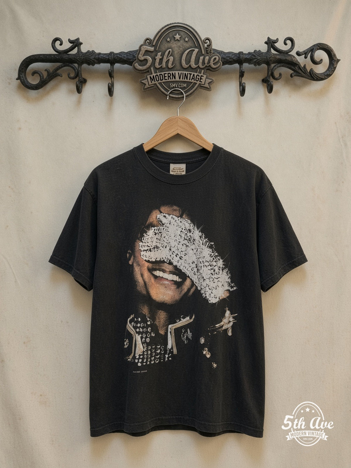 Vintage Michael Jackson Long Sleeve Tee Faded Black Double Sided Graphic Shirt — front on locked cream ornate 5th Ave rack