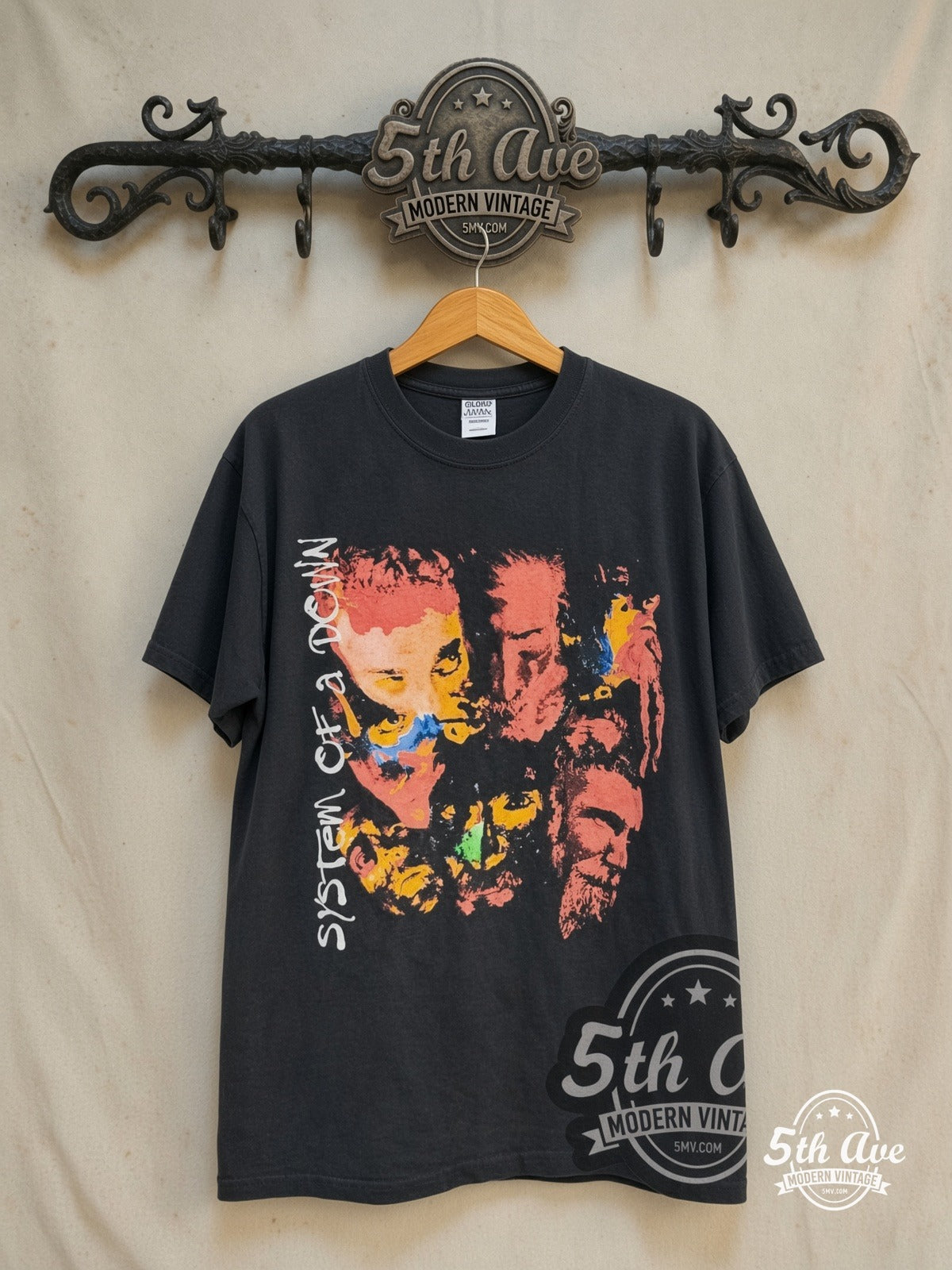 System of a Down – Searching For A Satellite Signal – Vintage Band T-Shirt — front on locked cream ornate 5th Ave rack