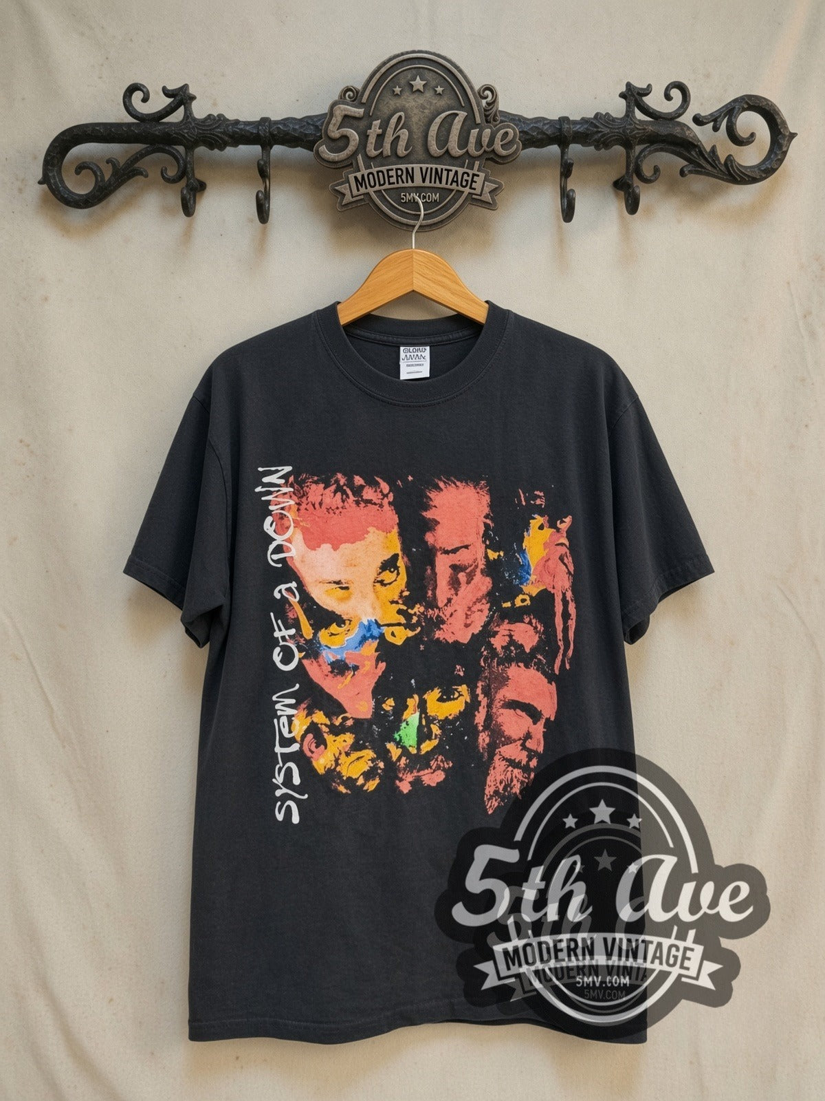 System of a Down Searching For A Satellite Signal vintage band t-shirt in black, front view on a display rack
