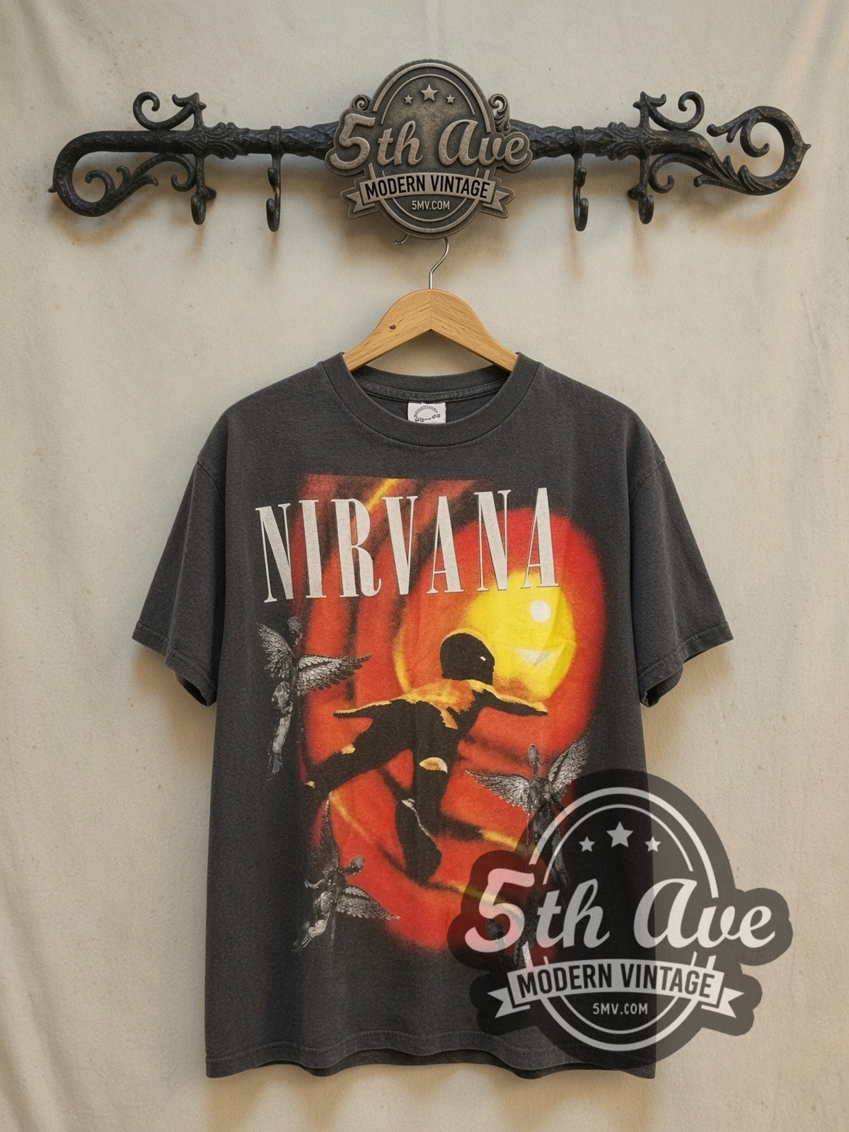 Nirvana Portrait vintage band t-shirt, front view on the 5MV rack