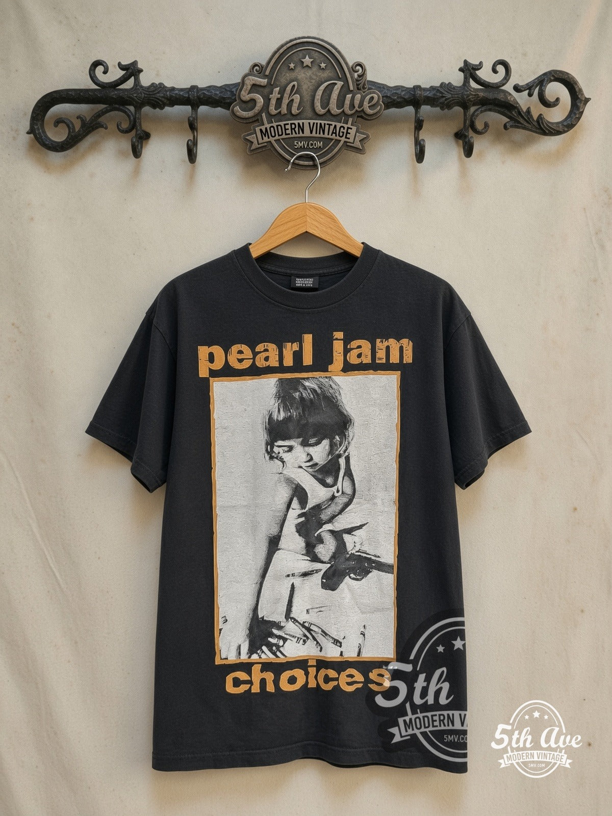 Pearl Jam – Choices / Crayons to Guns – Vintage Band T-Shirt — front on locked cream ornate 5th Ave rack