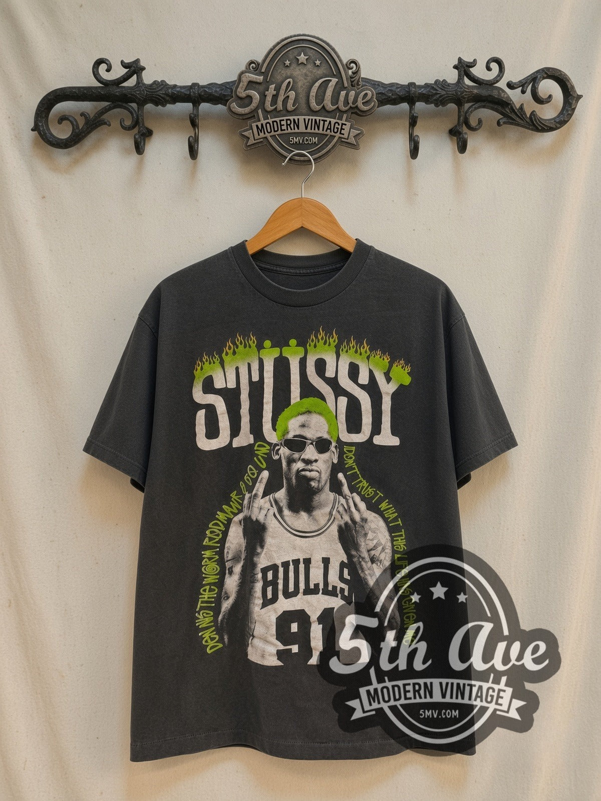 Dennis Rodman x Stussy Neon Green The Worm vintage basketball t-shirt, front view on the 5MV rack