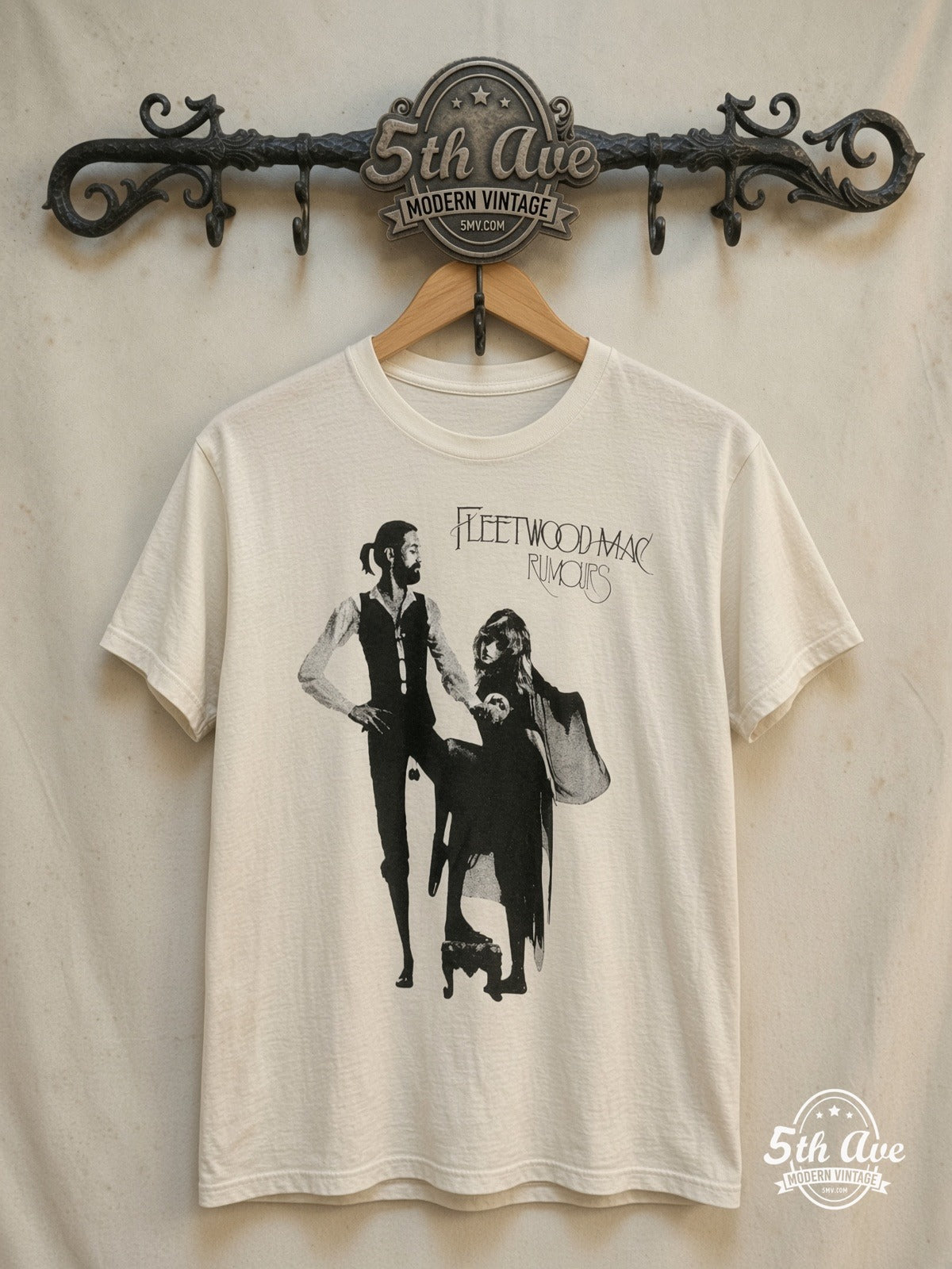 Fleetwood Mac – Rumours – Vintage Band T-Shirt — front on locked cream ornate 5th Ave rack