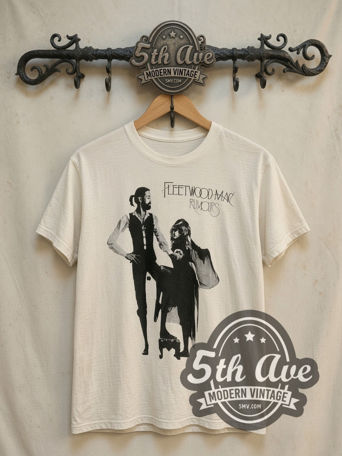 Fleetwood Mac Rumours vintage band t-shirt, front view on a display rack