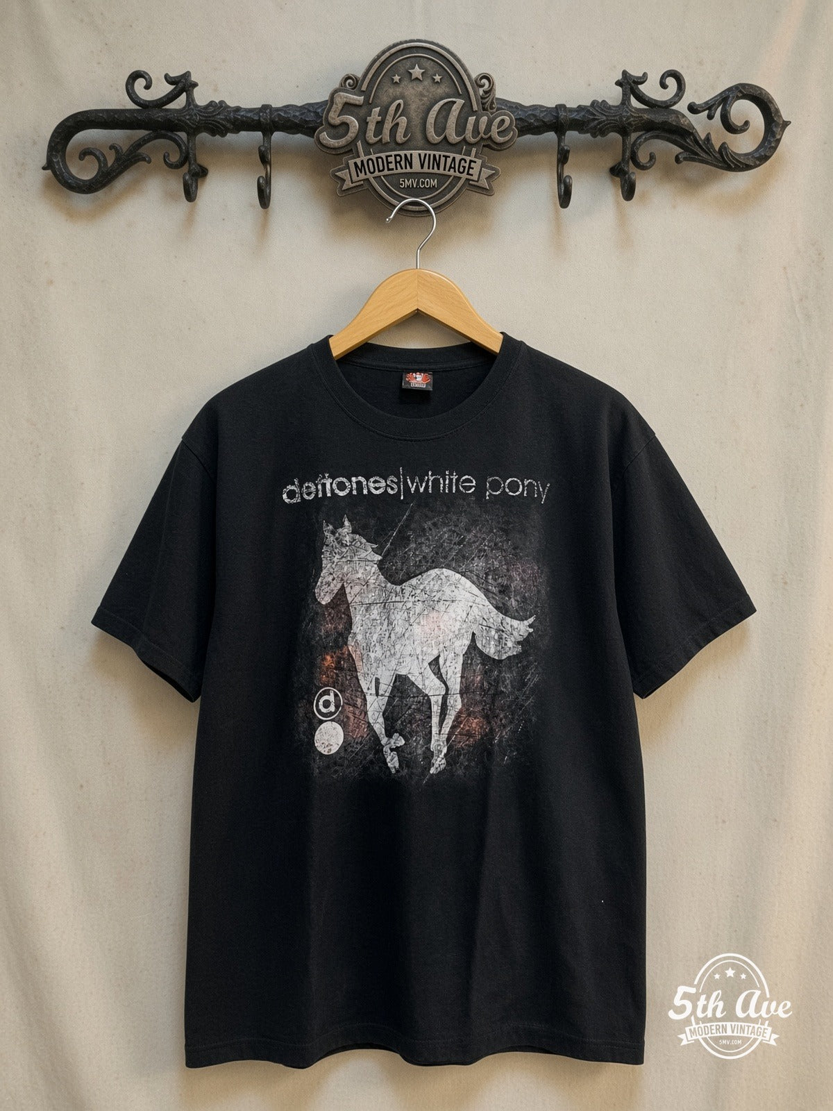 Deftones – White Pony – Vintage Band T-Shirt — front on locked cream ornate 5th Ave rack