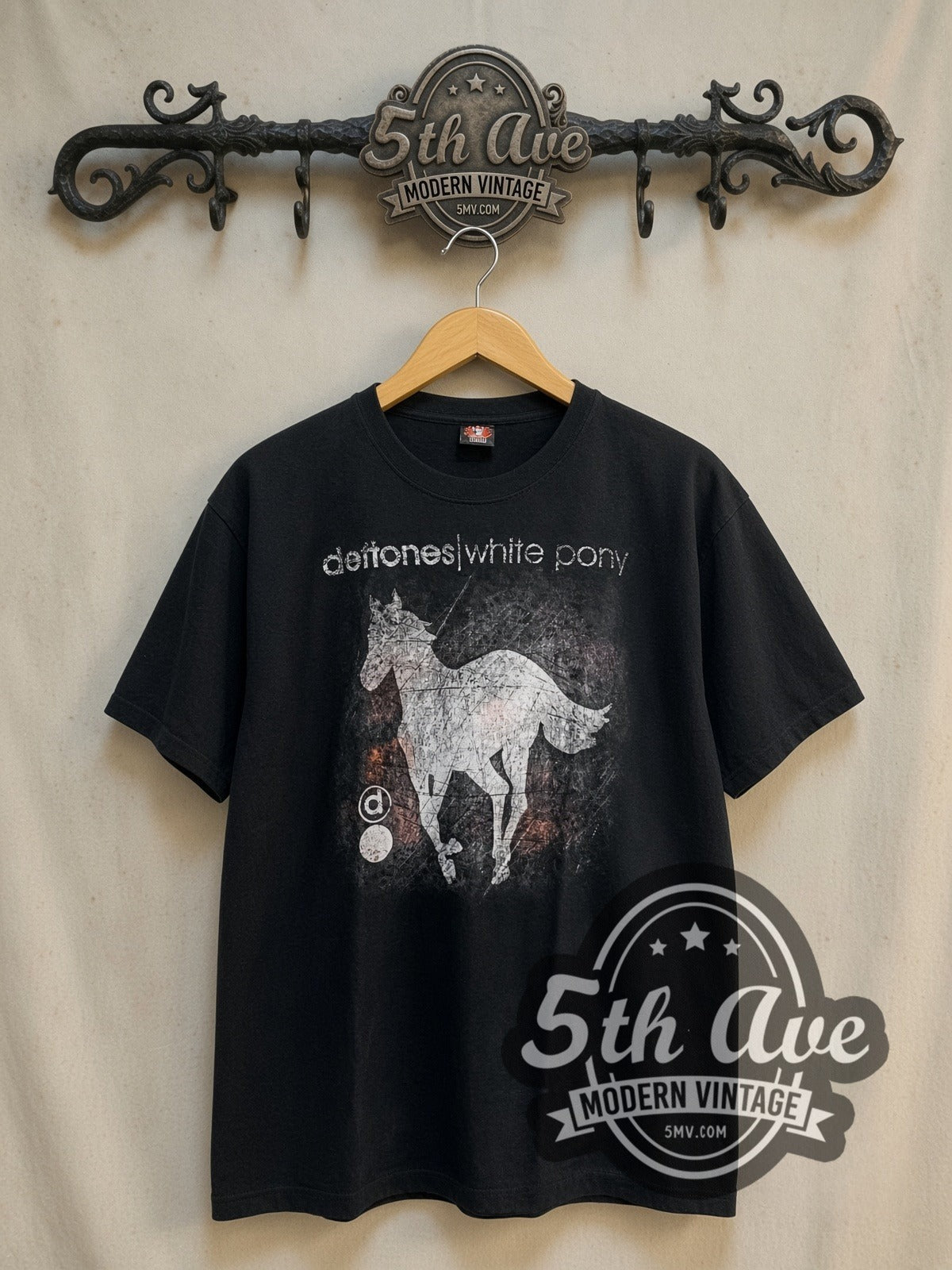 Deftones White Pony vintage band t-shirt in white, front view on a display rack