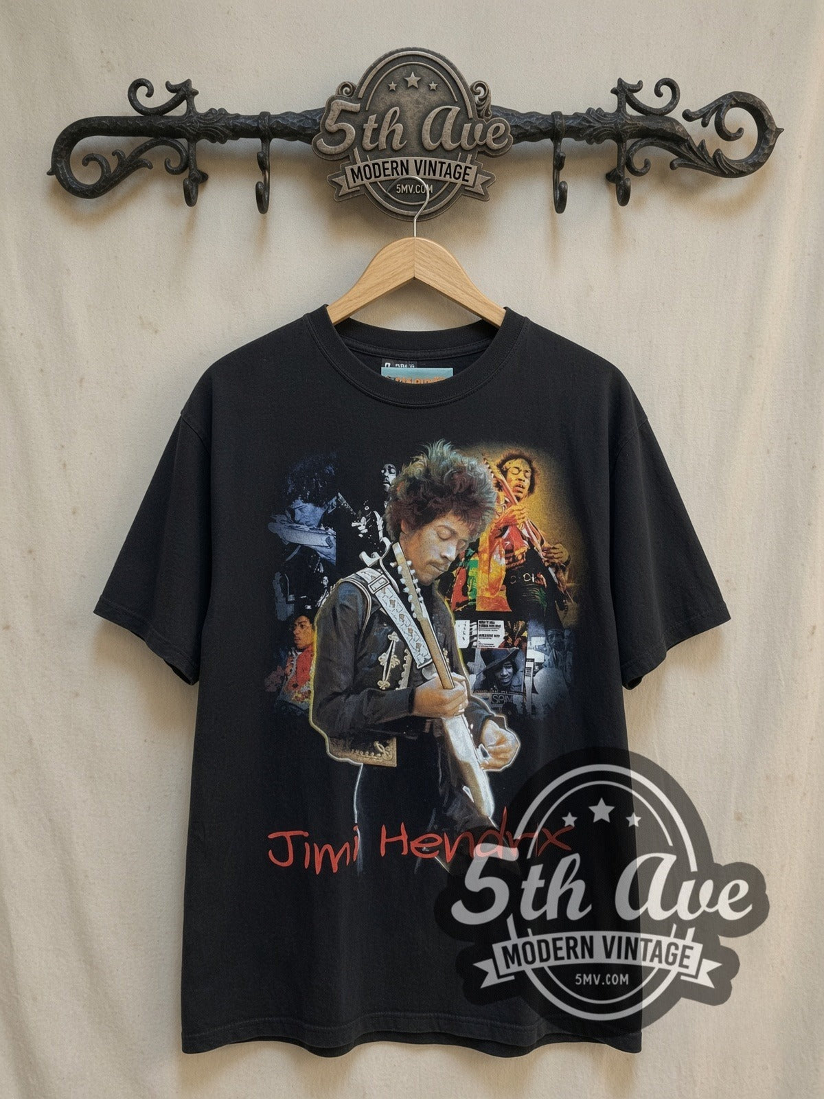 Jimi Hendrix Multi Photo Collage Red Script vintage band t-shirt, front view on a display rack