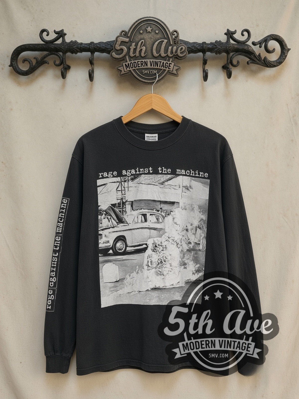 Rage Against the Machine Burning Monk Classic Photo long sleeve vintage band t-shirt in black, front view on the 5MV rack